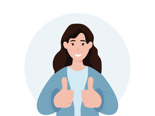 Happy young woman showing thumbs up with both hands and smiling. Cartoon, vector and illustration.
