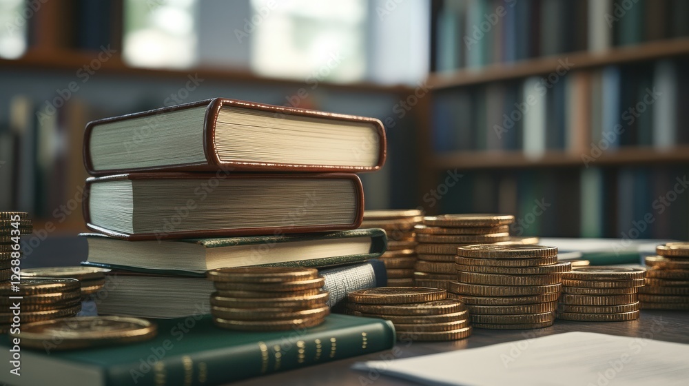 Poster educational books stacked on a table with gold coins surrounded by a library backdrop