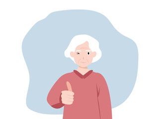 Happy senior woman  showing thumbs up and  winking eye .with both hands and smiling. Cartoon, vector and illustration.