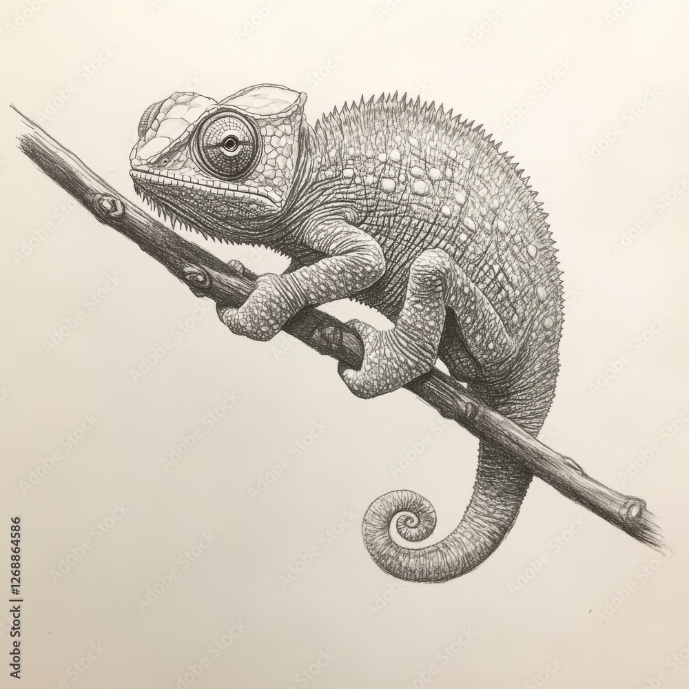 Poster Chameleon perched on a twig with its tail coiled, showcasing unique texture and details