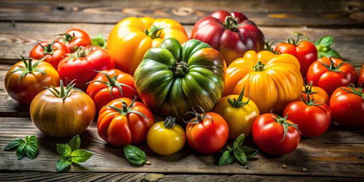 Colorful Assortment of Fresh Heirloom Tomatoes on Wooden Table