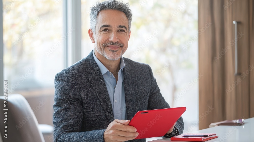 Aufkleber calm middle-aged man with short gray hair working with a tablet in a bright office setting during th