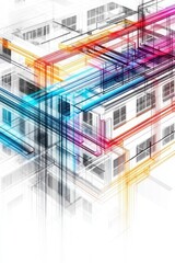 Obraz premium A vibrant, abstract illustration of building structures with colorful lines, representing connectivity and modern architecture.