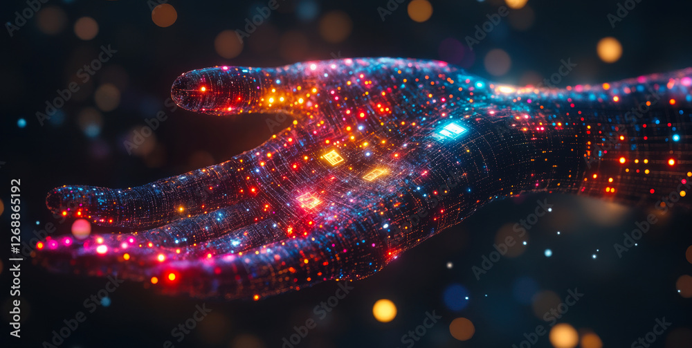Poster artificial intelligence integration hand visualizing technology adoption across sectors with digital