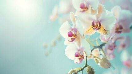 Fototapeta premium White and pink orchid flowers on a blurred background. The image is soft and dreamy, with a focus on the delicate beauty of the orchids.