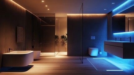 Modern bathroom with glowing mirrors and subtle flooring creates a serene atmosphere