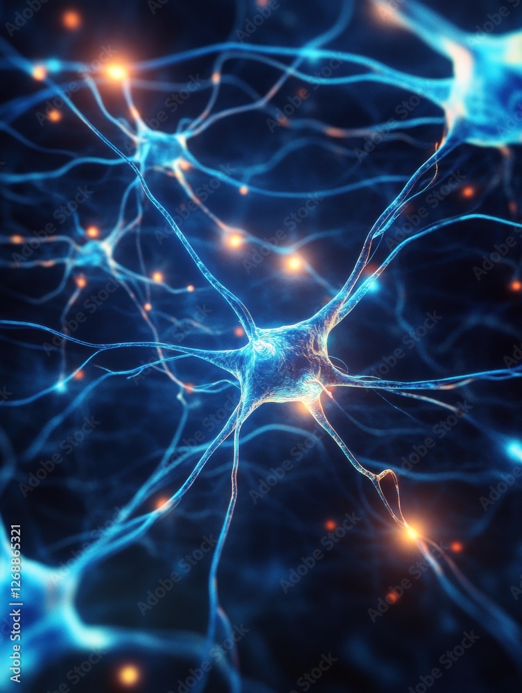Leinwandbilder Complex network of neurons illuminated in blue and orange against dark background showcasing brain activity. Generative AI