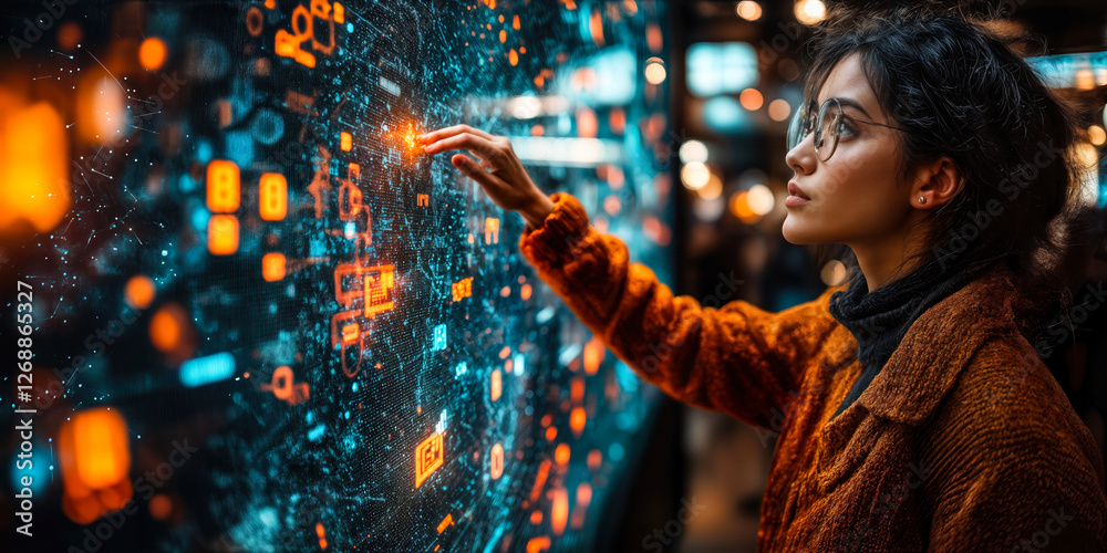Poster young professional using interactive digital interface for ai-driven strategic consulting insights a