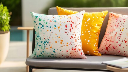 Colorful pillows with abstract splatter paint designs, on a modern patio chair in soft sunlight