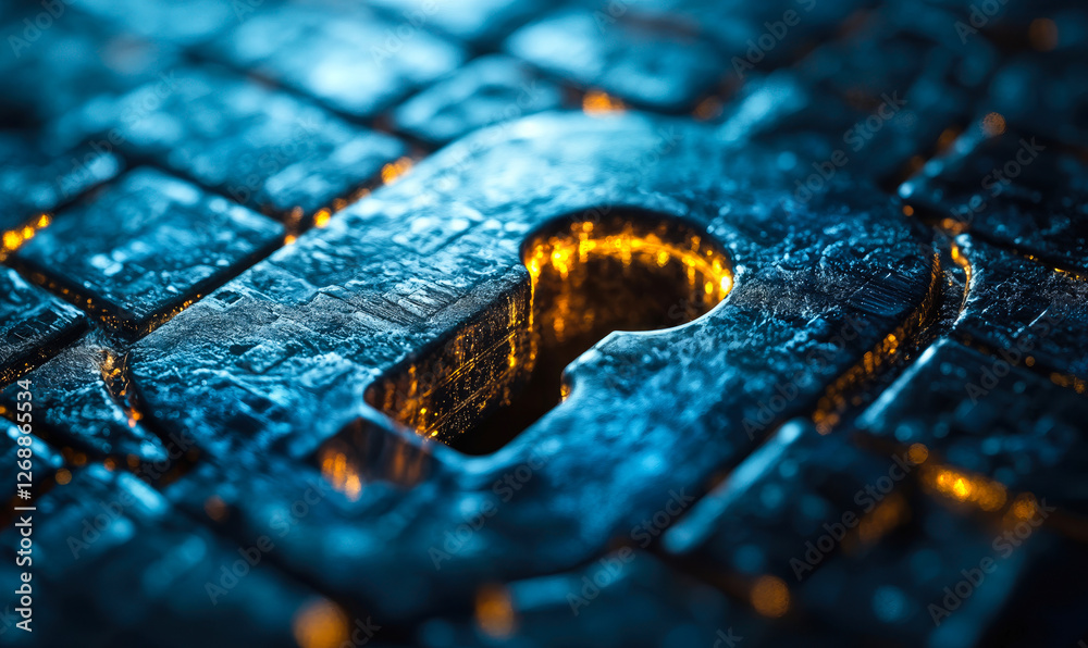 Poster abstract representation of digital security with keyhole and illuminated circuit pattern symbolizing