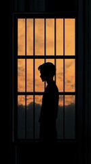 Silhouette of a person against a sunset sky viewed through window bars during twilight hours