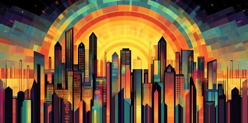 Obraz premium Colorful cityscape silhouette set against abstract radial sunset pattern