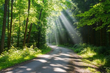Obraz premium Road through forest with sunbeams for travel, nature, health and environmental uses