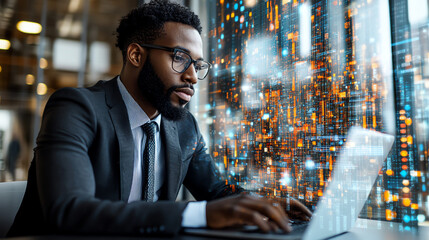 Businessman Working Digital Data Analysis Laptop male suit code dark  