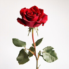 Fototapeta premium single red rose with green leaves against white background romance love valentine flower stem bouquet elegant photography studio