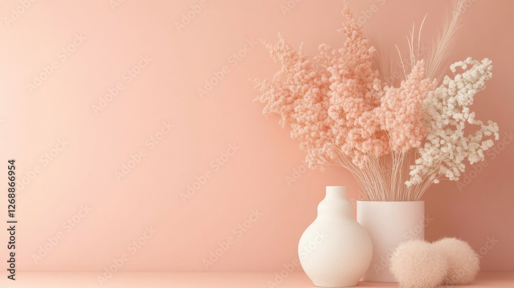 Poster Soft monochromatic pastel peach arrangement with vases and dried flowers creating a serene atmosphere in a minimalist setting