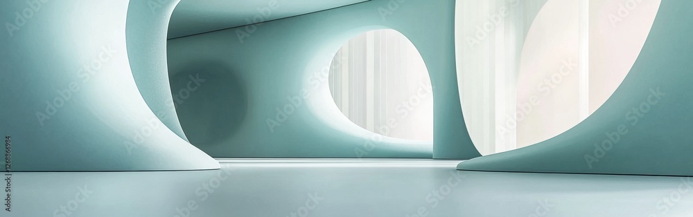 Poster smooth pastel gray and teal arcs create a tranquil indoor space with soft curves and natural light