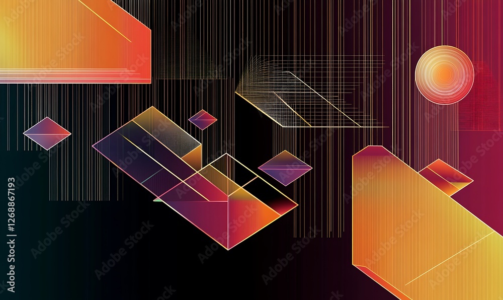 Fototapete abstract design featuring floating geometric shapes with gradient background, creating a sense of de