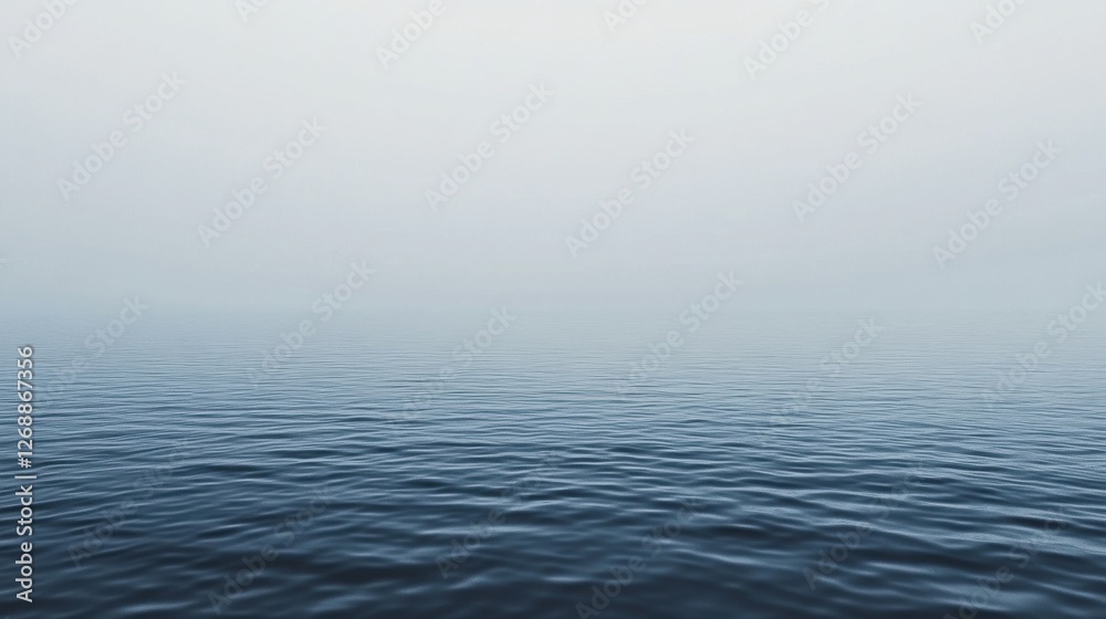 Poster monochromatic gradient of muted gray reflecting calm waters under soft, cloudy sky at dawn over sere