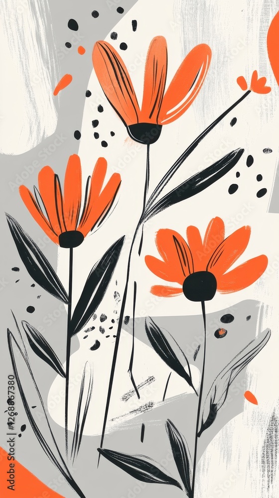 Poster Spring blooms captured in minimalist grayscale with hints of vibrant orange