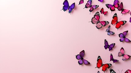 Springtime theme greeting card. Colorful butterflies on light pink background