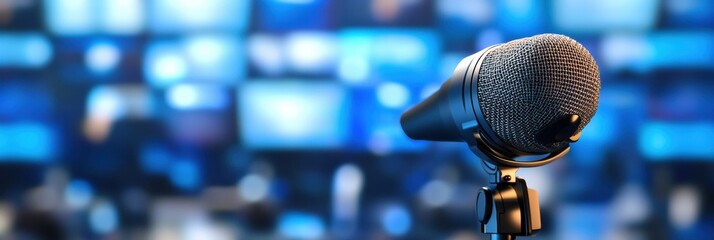 Microphone stands prominently in front of a backdrop of multiple television screens displaying various news graphics. Generative AI
