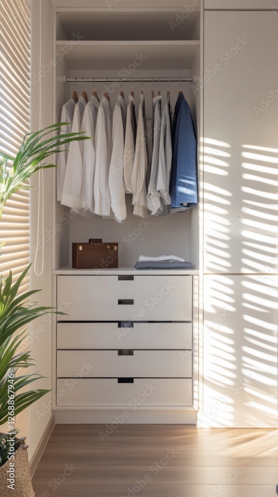 Poster sunlight spills through the window, casting gentle shadows on a sleek white closet. neatly hung garm