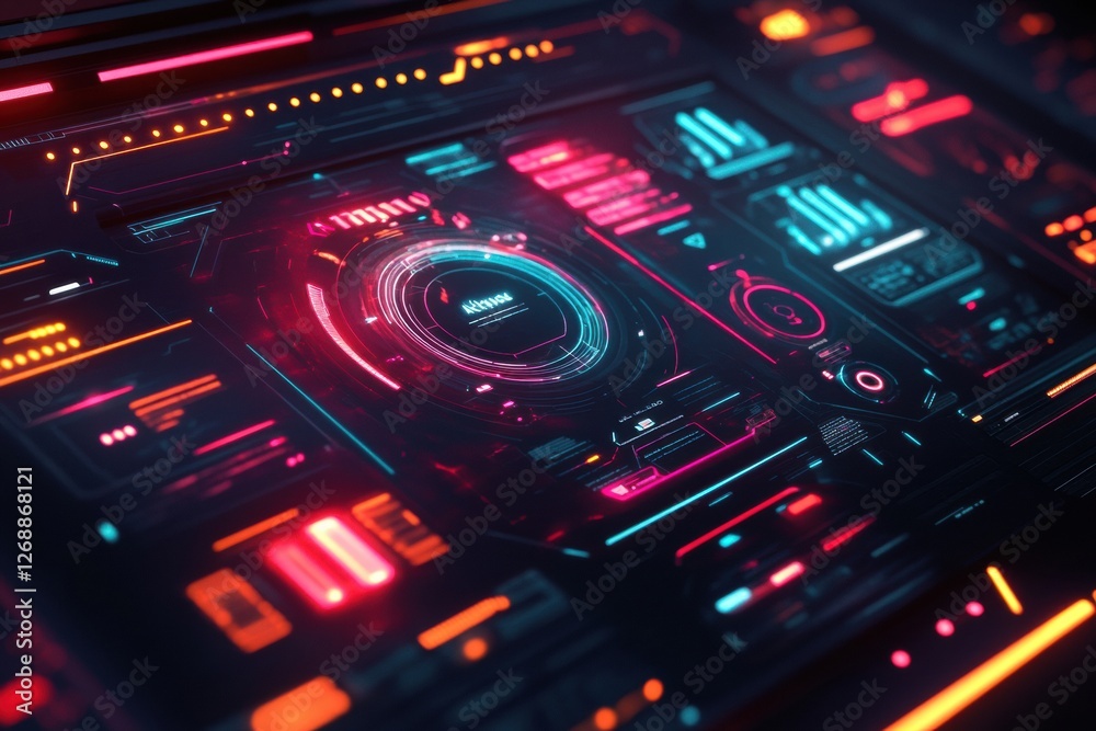 Poster Futuristic digital interface with glowing elements and complex graphics at night. Generative AI