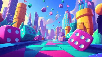 Colorful cartoon city street with giant dice and buildings