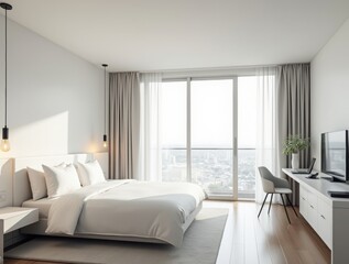 Bright and cozy modern hotel bedroom interior design with white walls