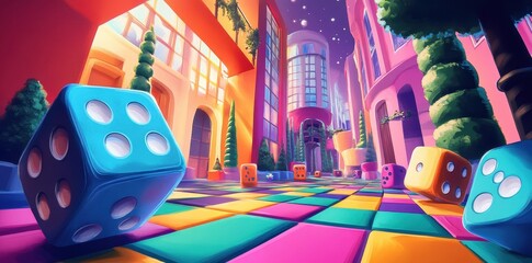 Colorful cartoon city street with giant dice and game board