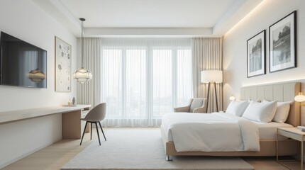 Fototapeta premium Bright and cozy modern hotel bedroom interior design with white walls