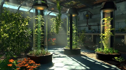 Innovative hydroponic system thriving in a spring environment with natural light and greenery
