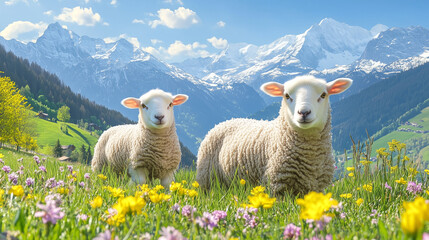 Naklejka premium Two sheep grazing in a scenic alpine meadow during springtime