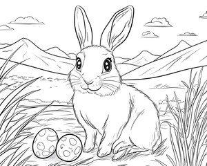 Cute Bunny Sitting Near Colorful Easter Eggs in Nature Scene