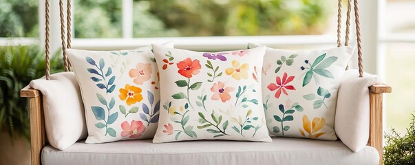 Hand-painted watercolor floral pillows in soft tones, placed on a cozy garden swing