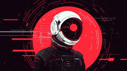 Astronaut Space Art with Red Background and Futuristic Elements