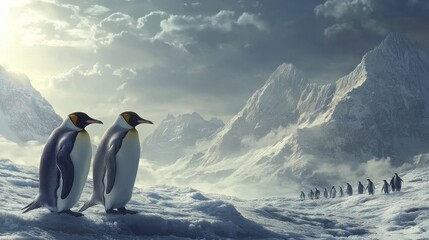 Fototapeta premium Two penguins stand in a snowy landscape, with mountains and other penguins in the background.