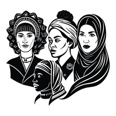 Feminine empowerment artwork with strong women from diverse cultures in bold graphic design style