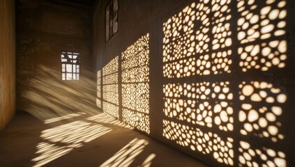 Intricate Sunlit Interior with Perforated Screens, Casting Playful Shadows on a Dusty Beige Room