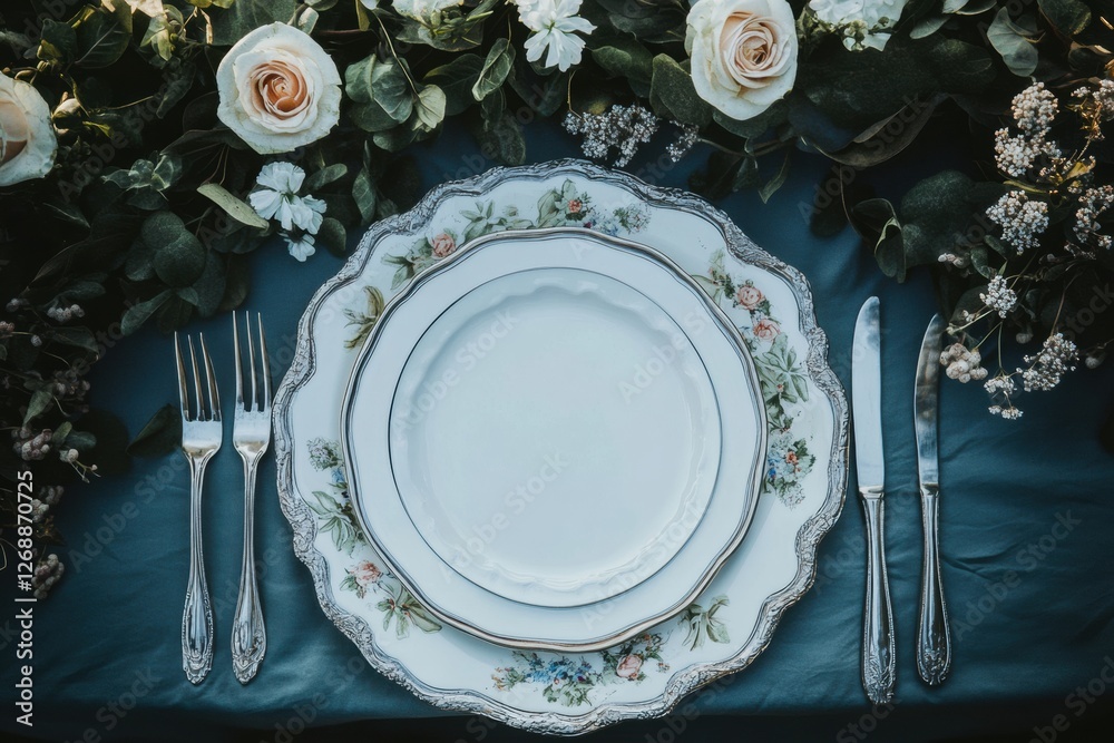 Aufkleber elegant table setting with vintage plate and floral decorations for a spring gathering. generative a