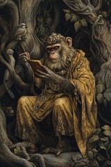 Monkey scholar writes in a detailed old book.