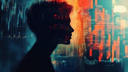 Dynamic trading environment with trading icon silhouette against vibrant digital backdrop