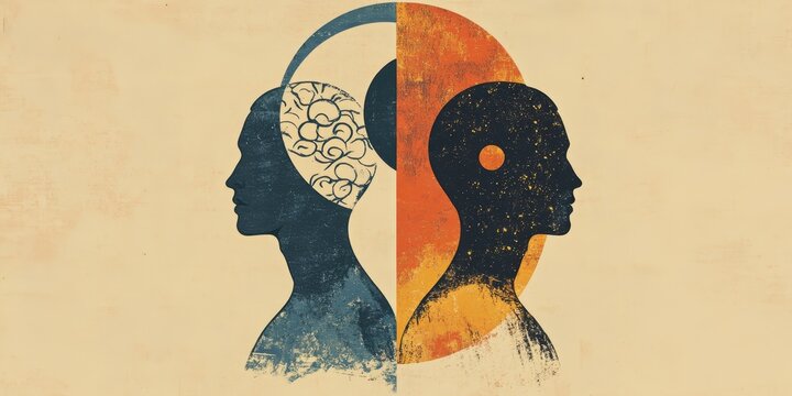 Duality depicted through contrasting human profiles and cerebral symbolism