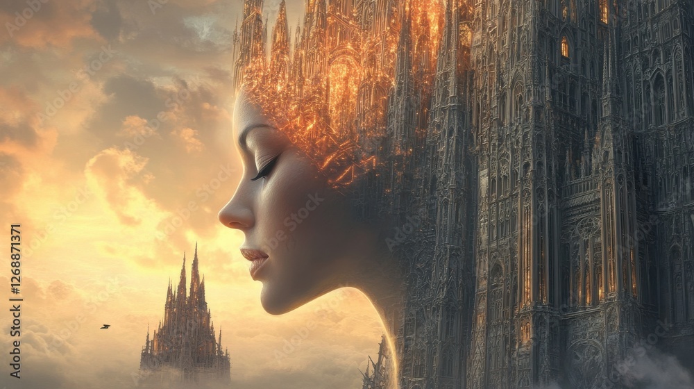 Poster Surreal depiction of a glowing woman with castle-like structure representing her thoughts during twilight hours