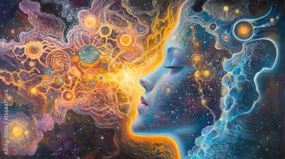 Poster surreal representation of a glowing woman surrounded by cosmic elements in a dreamlike setting