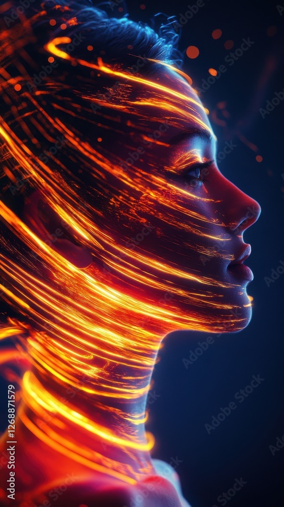 Aufkleber Woman glowing in surreal representation with swirling light patterns at dusk in an ethereal landscape
