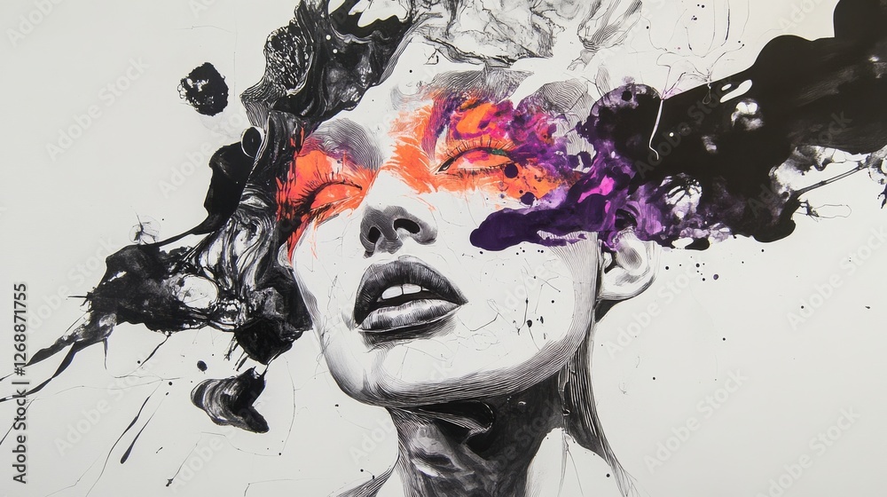 Aufkleber Surreal representation of a model's face with expressive colors and abstract elements conveying emotion and creativity