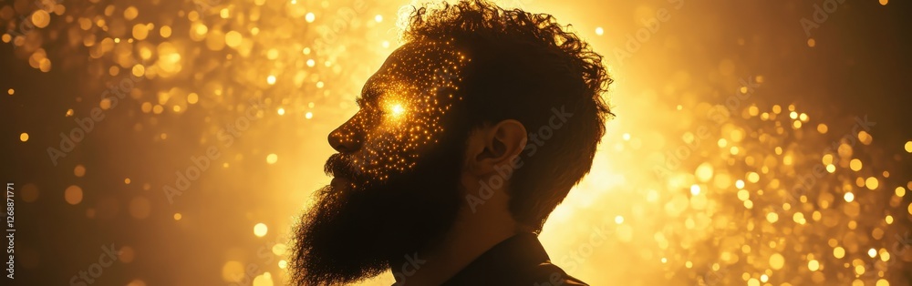 Aufkleber surreal portrait of a man with a glowing face surrounded by golden particles at dusk