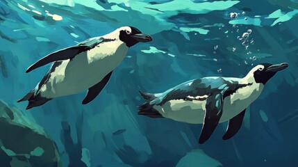 Two penguins swimming underwater in a vibrant aquatic scene.
